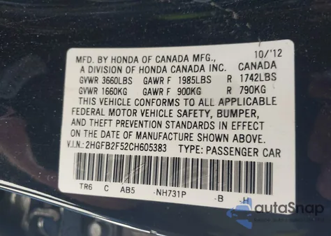 2012 Honda Civic Lx z USA, uszkodzony, nr VIN 2HGFB2F52CH605383